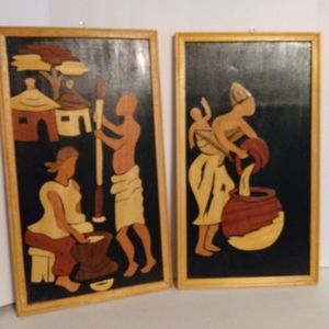 Ghana Africa marquetry pictures. Wood on wood. Framed.
